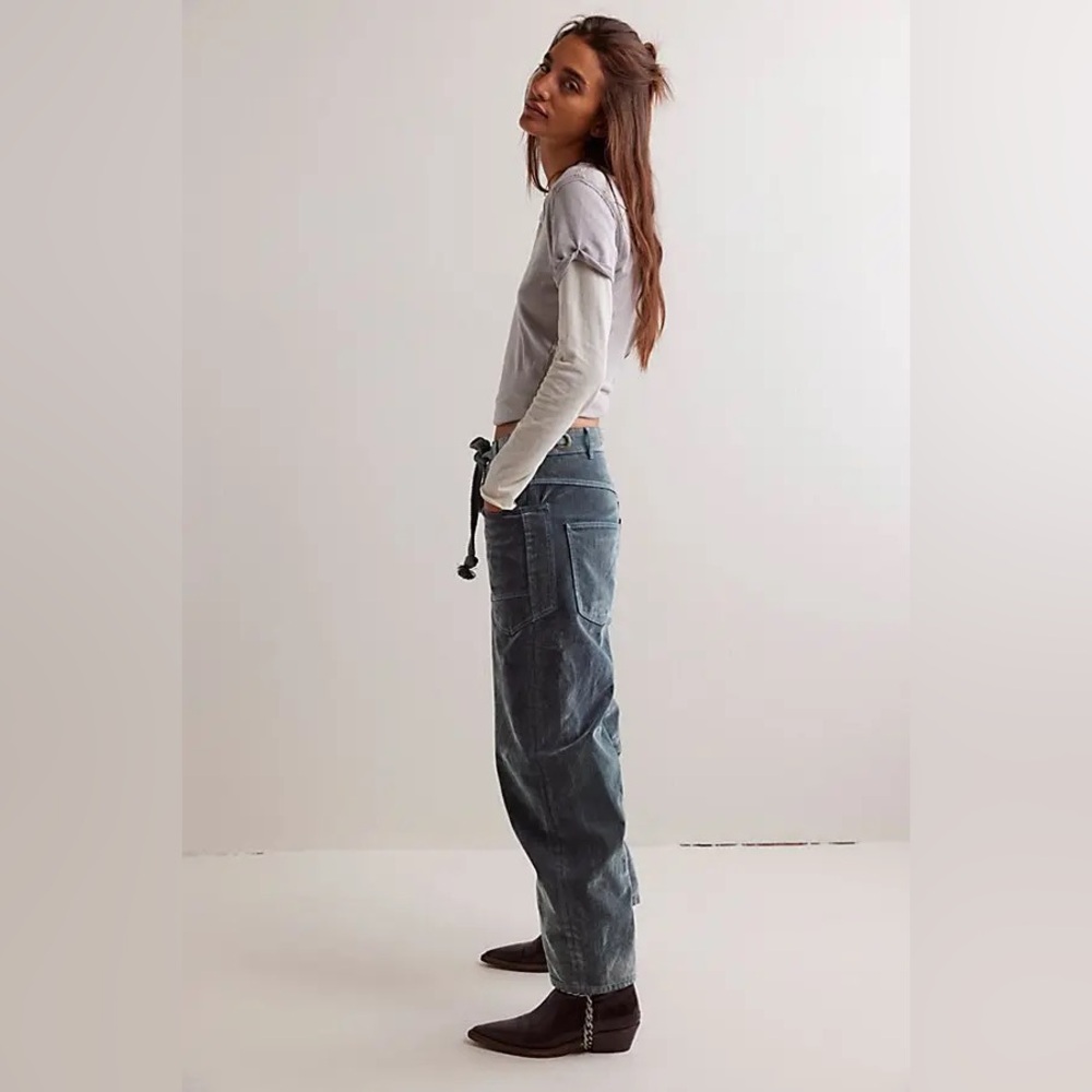 NWOT FREE PEOPLE WE THE FREE Moxie Flocked Barrel Jeans | Mountain Green $228 - Picture 3 of 12